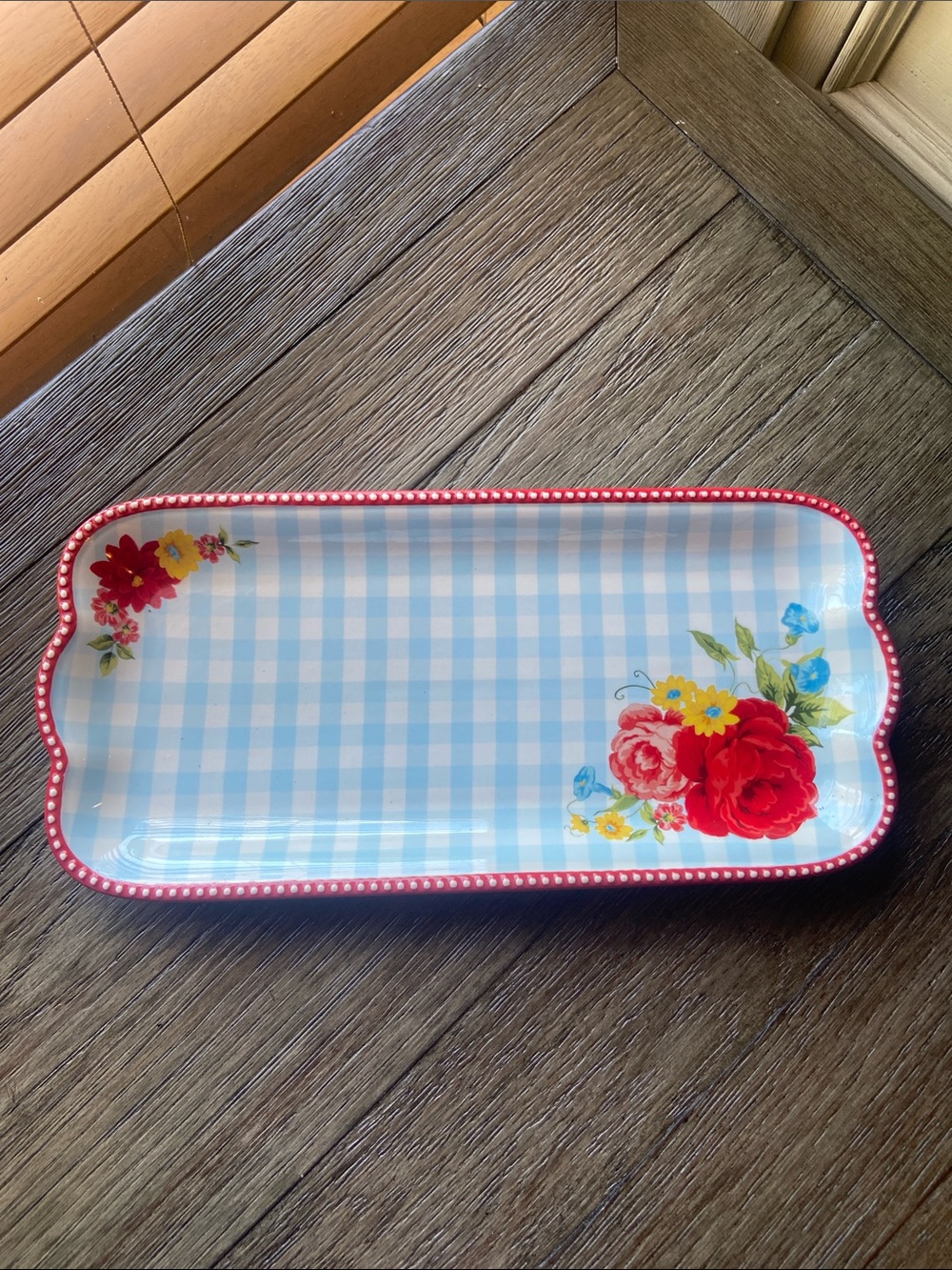 The Pioneer Woman Blue Gingham Vanity Tray with Red Floral Accents